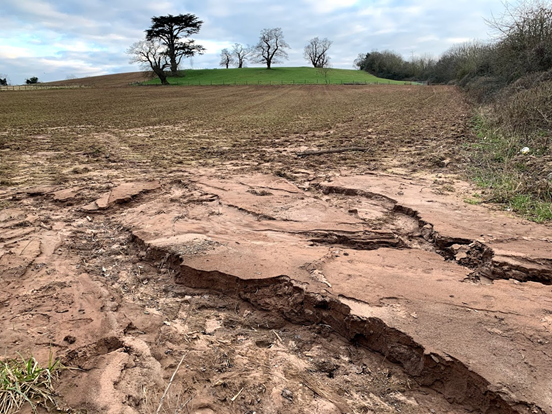 Soil erosion caused by over cultivating down the slope on vulnerable soils, late drilling followed by a wet winter